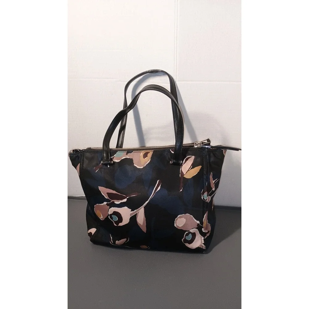 Kate Spade Tote Bag Womens Medium Black Good Floral Nylon Leather Trim Shoulder